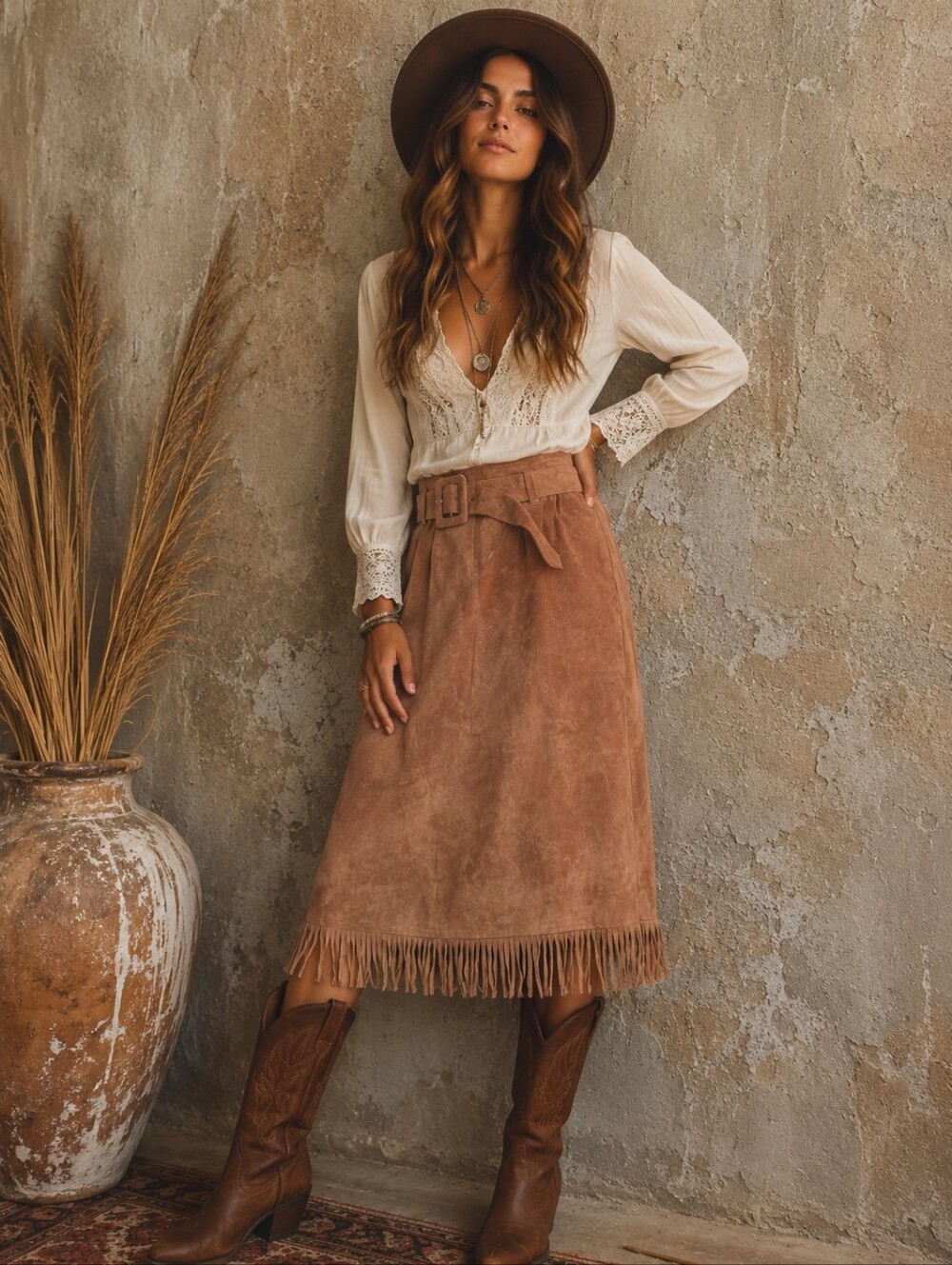 Capezio Vintage Suede Leather Boho Fringe Midi Skirt - Brown Retro 70s